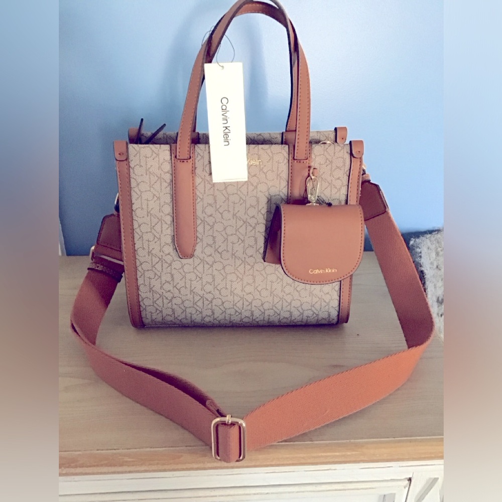 New Calvin Klein Brown and Cream Tote with Mini Coin Purse and Adjustable Strap